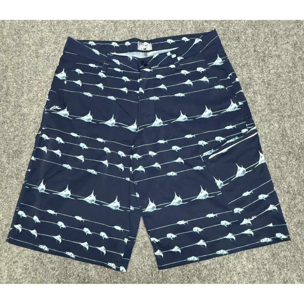 Huk Shorts Mens 34 Blue AOP Swordfish Print 11” Cargo Chinos Stretch Fishing